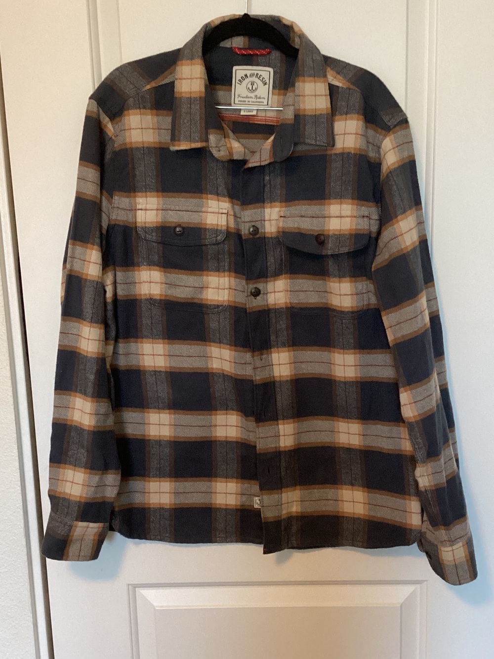 Iron and Resin Plaid Flannel Shirt in Navy & Tan XL